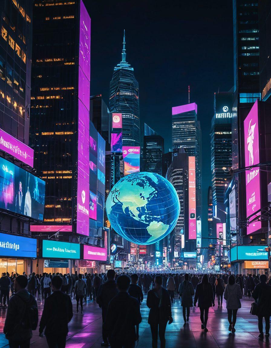 A futuristic city skyline at dusk, illuminated by digital screens showcasing various online platforms and social media icons, with diverse people engaging on their devices while discussing policy options. Include elements like a digital globe, flowing data streams, and light trails to symbolize connectivity and transformation. The atmosphere should convey a sense of hope and innovation. vibrant colors. cyberpunk.