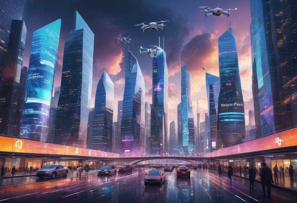 A futuristic city skyline with digital screens displaying insurance policies, drones delivering documents, and people using smartphones for insurance applications. Include a visual representation of interconnected technology symbols like cloud computing and data analytics. The atmosphere represents innovation and security, showcasing a diverse group of people engaging with tech for insurance solutions. vibrant colors. 3D.