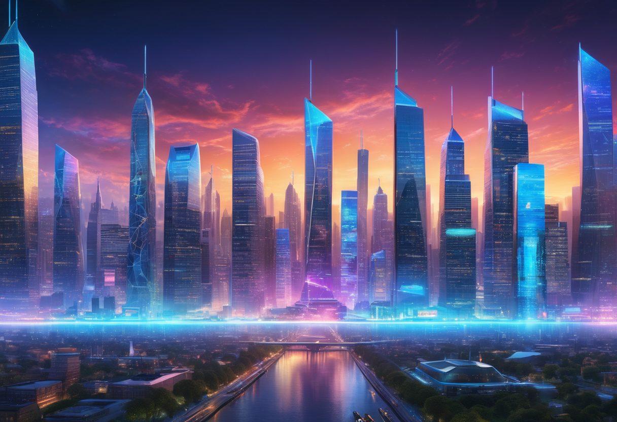 A futuristic city skyline with digital interfaces showcasing various insurance options floating above buildings. Include diverse people interacting with holographic displays of digital insurance policies, highlighting accessibility and innovation. Incorporate vibrant colors to convey a sense of energy and transformation in the insurance industry. display a glowing digital lock to symbolize unlocking new possibilities. super-realistic. vibrant colors.